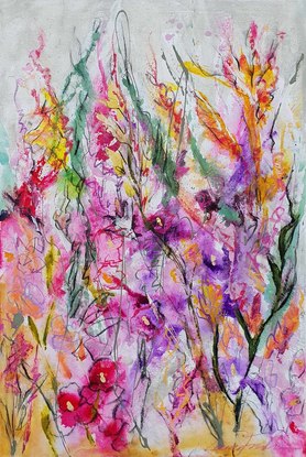 An abstract landscape of bright vivid flowers in pink, red, purple, orange, yellow and greens