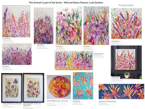 An abstract landscape of bright vivid flowers in pink, red, purple, orange, yellow and greens