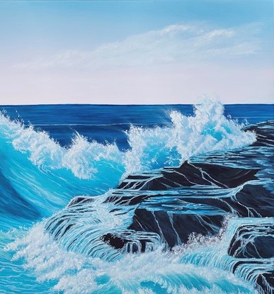 Uplifting Blue  Wave Oil on Canvas in beautiful aqua blue Large aqua wave crashing onto rocks and cascading into foam