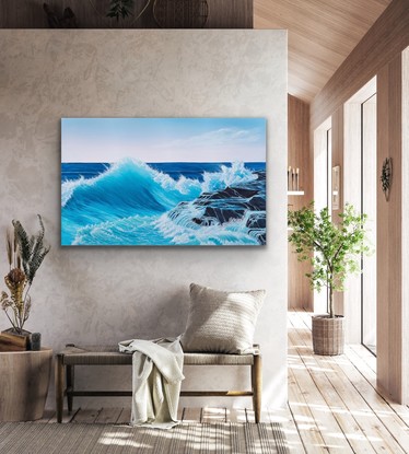 Uplifting Blue  Wave Oil on Canvas in beautiful aqua blue Large aqua wave crashing onto rocks and cascading into foam