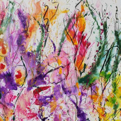 An abstract landscape of bright vivid flowers in pink, red, purple, orange, yellow and greens