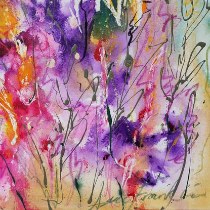 An abstract landscape of bright vivid flowers in pink, red, purple, orange, yellow and greens