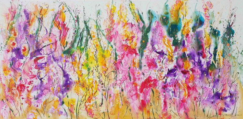 An abstract landscape of bright vivid flowers in pink, red, purple, orange, yellow and greens