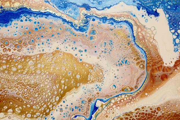 ABSTRACT painting that gives the impression of blue river estuary on a  sandy shore.  The intricate mosaic pattern within the tonal blue hues and the glimmering metallics adds added interest and intrigue.
The closer you get to the painting the more of the interesting details and patterns you can see. Metallics add an extra depth because the painting changes personality when one views from different angles.