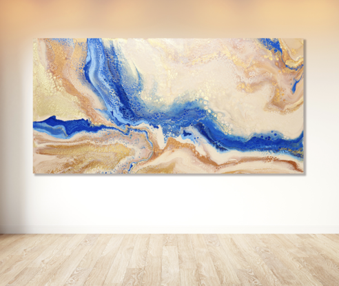 ABSTRACT painting that gives the impression of blue river estuary on a  sandy shore.  The intricate mosaic pattern within the tonal blue hues and the glimmering metallics adds added interest and intrigue.
The closer you get to the painting the more of the interesting details and patterns you can see. Metallics add an extra depth because the painting changes personality when one views from different angles.