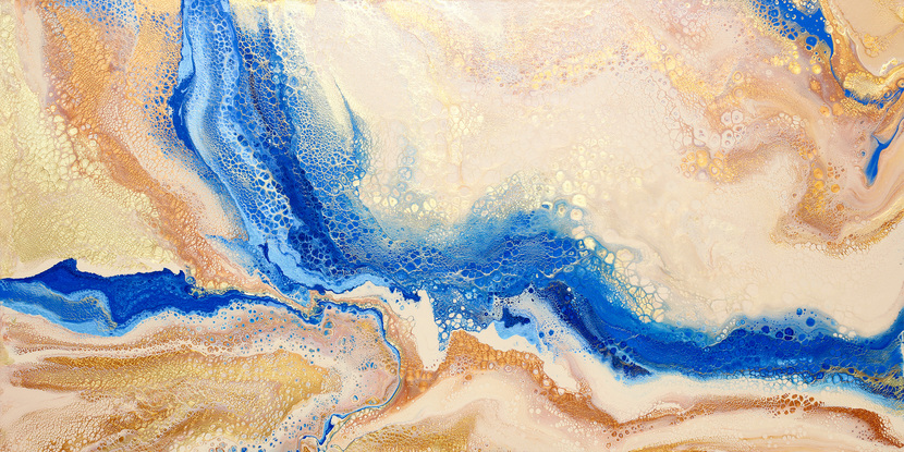 ABSTRACT painting that gives the impression of blue river estuary on a  sandy shore.  The intricate mosaic pattern within the tonal blue hues and the glimmering metallics adds added interest and intrigue.
The closer you get to the painting the more of the interesting details and patterns you can see. Metallics add an extra depth because the painting changes personality when one views from different angles.