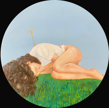 This is a painting of a young woman lying on the grass with her eyes closed.  She has a gold arrow in her back. 

In classical mythology, Cupid is the god of desire, erotic love, attraction and affection. In art, Cupid often appears in multiple winged and cubby baby boys. Over time he acquired the bow and arrow that represents his source of power. His arrow can be interpreted as a phallic symbol which he uses to exert control over unwilling participants in the name of love and desire.

The visual representation of cupid as an infant is intended to make him appear less threatening, which is why his image is excluded from this painting. His presence is signalled by his arrow which is lodged in the back of a beautiful young woman.