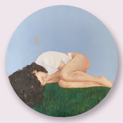 This is a painting of a young woman lying on the grass with her eyes closed.  She has a gold arrow in her back. 

In classical mythology, Cupid is the god of desire, erotic love, attraction and affection. In art, Cupid often appears in multiple winged and cubby baby boys. Over time he acquired the bow and arrow that represents his source of power. His arrow can be interpreted as a phallic symbol which he uses to exert control over unwilling participants in the name of love and desire.

The visual representation of cupid as an infant is intended to make him appear less threatening, which is why his image is excluded from this painting. His presence is signalled by his arrow which is lodged in the back of a beautiful young woman.