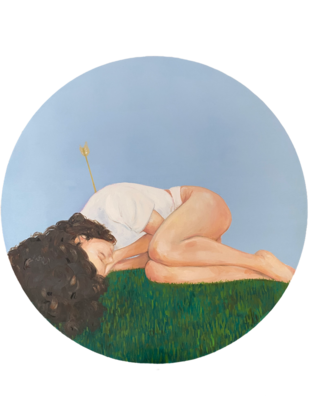 This is a painting of a young woman lying on the grass with her eyes closed.  She has a gold arrow in her back. 

In classical mythology, Cupid is the god of desire, erotic love, attraction and affection. In art, Cupid often appears in multiple winged and cubby baby boys. Over time he acquired the bow and arrow that represents his source of power. His arrow can be interpreted as a phallic symbol which he uses to exert control over unwilling participants in the name of love and desire.

The visual representation of cupid as an infant is intended to make him appear less threatening, which is why his image is excluded from this painting. His presence is signalled by his arrow which is lodged in the back of a beautiful young woman.