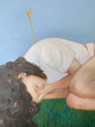 This is a painting of a young woman lying on the grass with her eyes closed.  She has a gold arrow in her back. 

In classical mythology, Cupid is the god of desire, erotic love, attraction and affection. In art, Cupid often appears in multiple winged and cubby baby boys. Over time he acquired the bow and arrow that represents his source of power. His arrow can be interpreted as a phallic symbol which he uses to exert control over unwilling participants in the name of love and desire.

The visual representation of cupid as an infant is intended to make him appear less threatening, which is why his image is excluded from this painting. His presence is signalled by his arrow which is lodged in the back of a beautiful young woman.