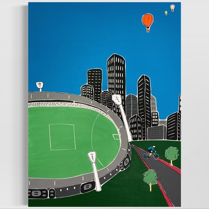 City landscape, MCG hot air balloons in a simplistic style 