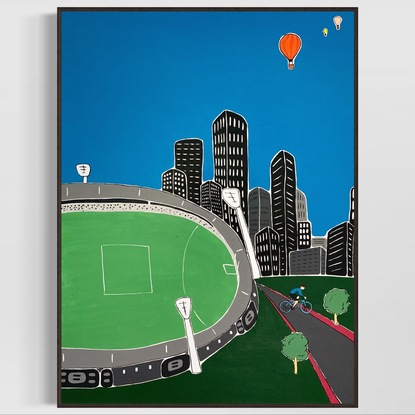 City landscape, MCG hot air balloons in a simplistic style 