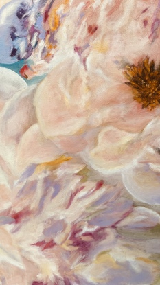 An impressionistic painting of spring flowers strewn  and reflected in water,
This complex painting has many subtle variations in bright yet soft colour tones of yellows, pinks, and purples with a background of soft green and blue, that create depth and harmony. The shapes and curves invite the eye to dance across the canvas in pleasing and surprising absorbing manner.