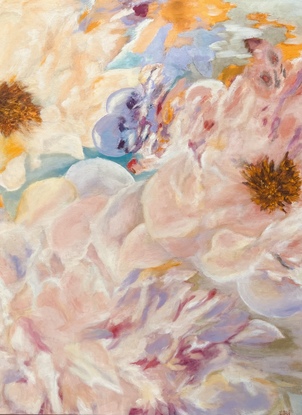 An impressionistic painting of spring flowers strewn  and reflected in water,
This complex painting has many subtle variations in bright yet soft colour tones of yellows, pinks, and purples with a background of soft green and blue, that create depth and harmony. The shapes and curves invite the eye to dance across the canvas in pleasing and surprising absorbing manner.