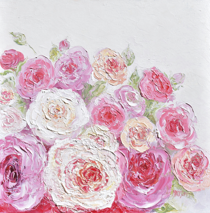 Thickly textured painting of pink and apricot Roses with a soft beige background.