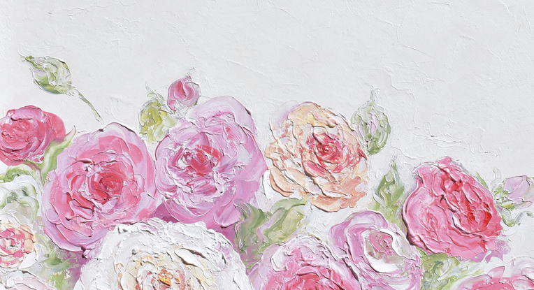 Thickly textured painting of pink and apricot Roses with a soft beige background.