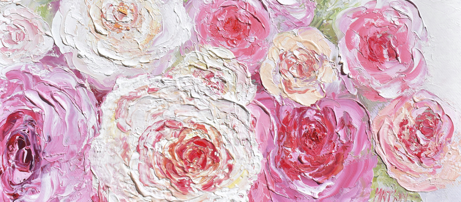 Thickly textured painting of pink and apricot Roses with a soft beige background.