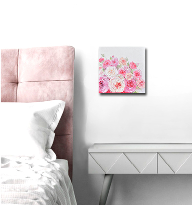 Thickly textured painting of pink and apricot Roses with a soft beige background.