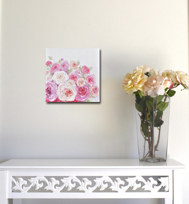 Thickly textured painting of pink and apricot Roses with a soft beige background.