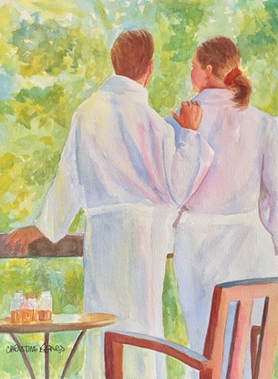 Couple in bathrobes.