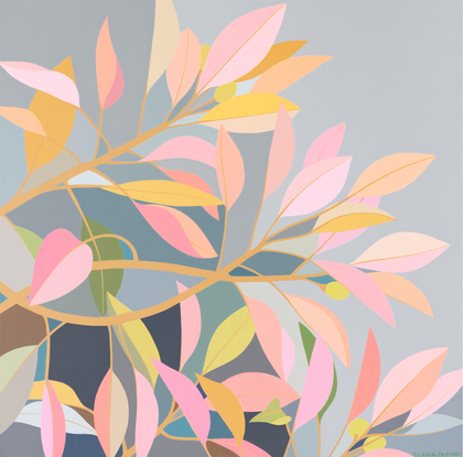 Colourful Moreton Bay Fig leaves in hues of pale pinks and golds on a background of light grey and darker blues