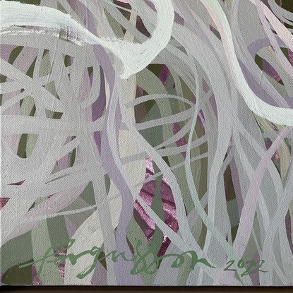 Entangled, organic painted marks in pastel hues. Sage green, pale lavender, mint green and magenta 