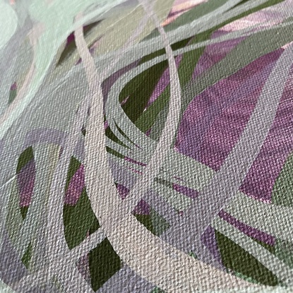 Entangled, organic painted marks in pastel hues. Sage green, pale lavender, mint green and magenta 