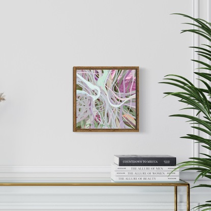 Entangled, organic painted marks in pastel hues. Sage green, pale lavender, mint green and magenta 