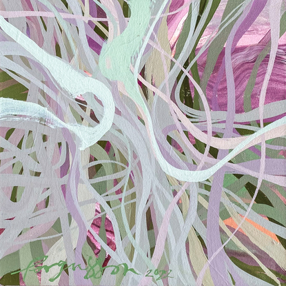 Entangled, organic painted marks in pastel hues. Sage green, pale lavender, mint green and magenta 