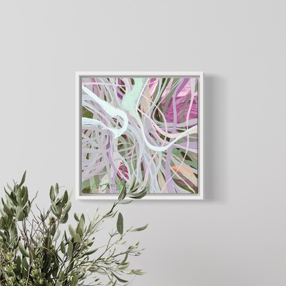 Entangled, organic painted marks in pastel hues. Sage green, pale lavender, mint green and magenta 