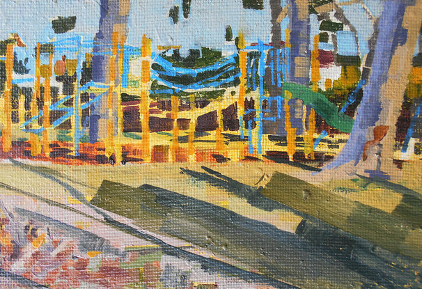 An oil painting made of multiple panels depicting scenes from suburbia including  a playground with yellow play equipment, a grassy green oval and a landscaped seaside lagoon.