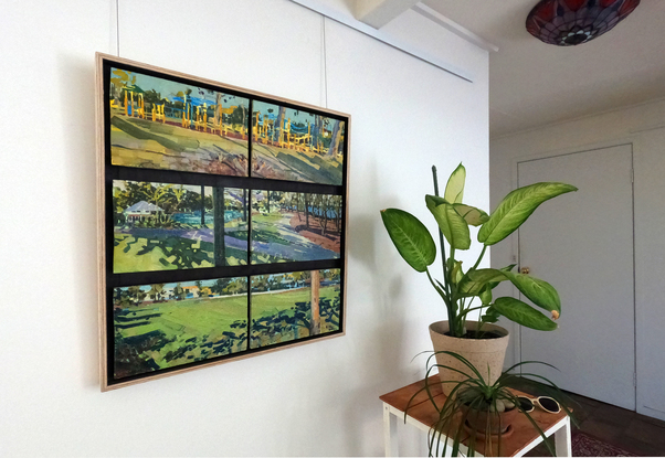 An oil painting made of multiple panels depicting scenes from suburbia including  a playground with yellow play equipment, a grassy green oval and a landscaped seaside lagoon.