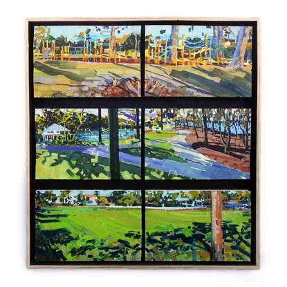 An oil painting made of multiple panels depicting scenes from suburbia including  a playground with yellow play equipment, a grassy green oval and a landscaped seaside lagoon.