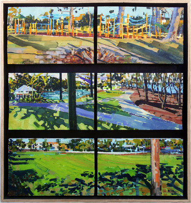 An oil painting made of multiple panels depicting scenes from suburbia including  a playground with yellow play equipment, a grassy green oval and a landscaped seaside lagoon.