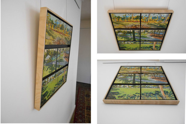 An oil painting made of multiple panels depicting scenes from suburbia including  a playground with yellow play equipment, a grassy green oval and a landscaped seaside lagoon.