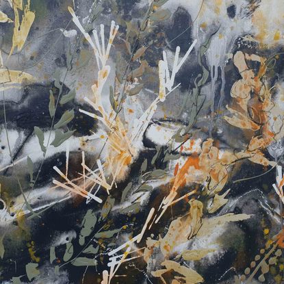 A large painting of seaweed and coral in olive green, khaki, burnt orange, pale terracotta, beige, black and white.