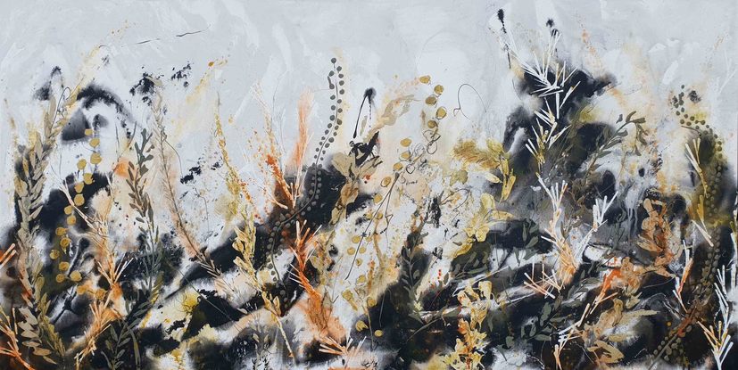 A large painting of seaweed and coral in olive green, khaki, burnt orange, pale terracotta, beige, black and white.