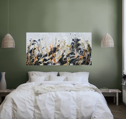 A large painting of seaweed and coral in olive green, khaki, burnt orange, pale terracotta, beige, black and white.