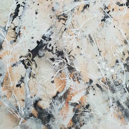 A large painting of seaweed and coral in olive green, khaki, burnt orange, pale terracotta, beige, black and white.