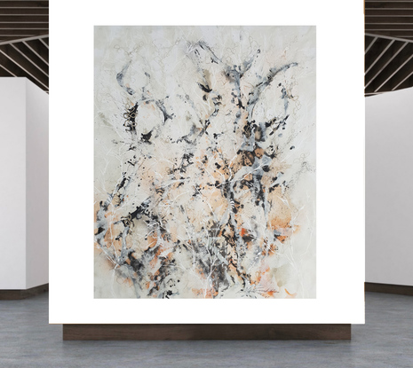 A large painting of seaweed and coral in olive green, khaki, burnt orange, pale terracotta, beige, black and white.