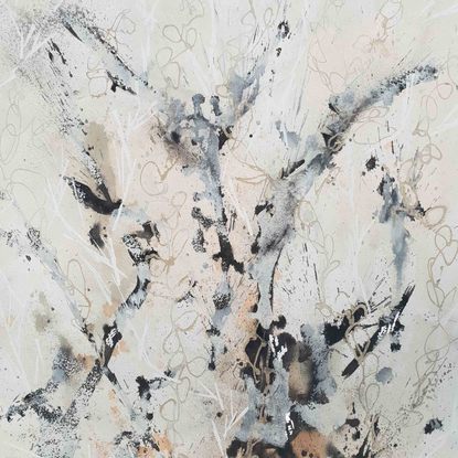 A large painting of seaweed and coral in olive green, khaki, burnt orange, pale terracotta, beige, black and white.