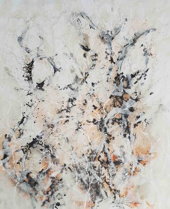 A large painting of seaweed and coral in olive green, khaki, burnt orange, pale terracotta, beige, black and white.