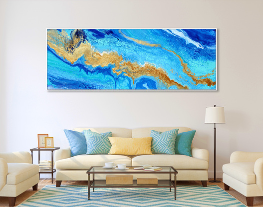 ABSTRACT painting that gives the impression of soothing ocean waves lapping in to soft sandy shore.  The intricate mosaic pattern within the tonal blue hues and the glimmering metallics adds added interest and intrigue.
The closer you get to the painting the more of the interesting details and patterns you can see. Metallics add an extra depth because the painting changes personality when one views from different angles.