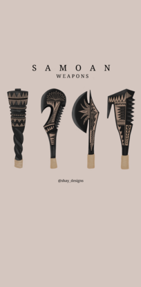 This is a piece depicting 4 samoan weapons, that were used as clubs. They were all made from heavy wood logs, they often had intricate samoan (tapa) designs carved into them. They were usually wrapped with rope at the bottom to make them more comfortable to hold. 