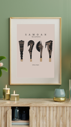 This is a piece depicting 4 samoan weapons, that were used as clubs. They were all made from heavy wood logs, they often had intricate samoan (tapa) designs carved into them. They were usually wrapped with rope at the bottom to make them more comfortable to hold. 