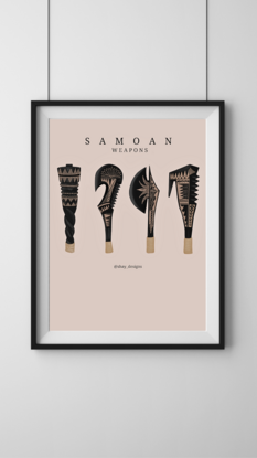 This is a piece depicting 4 samoan weapons, that were used as clubs. They were all made from heavy wood logs, they often had intricate samoan (tapa) designs carved into them. They were usually wrapped with rope at the bottom to make them more comfortable to hold. 