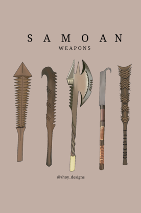 This is an image of 5 traditional Samoan, long handed weapons, they consist of clubs, axes and spears which are mostly made of wood. 