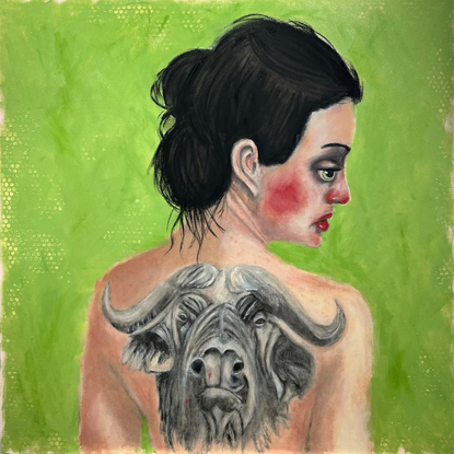 A woman stands against a vibrant green background. On her back is a large bull tattoo. Her hair is black and her cheeks and nose are rosy red. She looks over her shoulder with a disproportionately large eye. Her expression is sad.