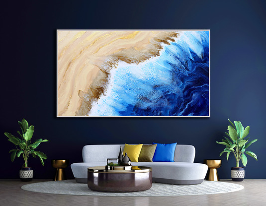 ABSTRACT painting that gives the impression of soothing ocean waves lapping in to soft sandy shore.  The intricate mosaic pattern within the tonal blue hues and the glimmering metallics adds added interest and intrigue.
The closer you get to the painting the more of the interesting details and patterns you can see. Metallics add an extra depth because the painting changes personality when one views from different angles.