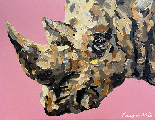 Portrait of Florence the rhino on a dusty pink background